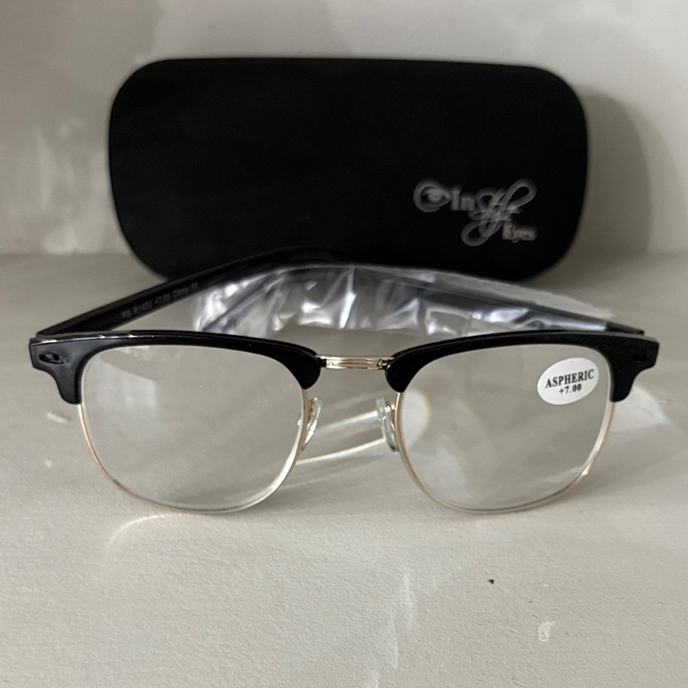 In Style Eyes Classic Black and Gold Clubmaster Reading Glasses - +7.0